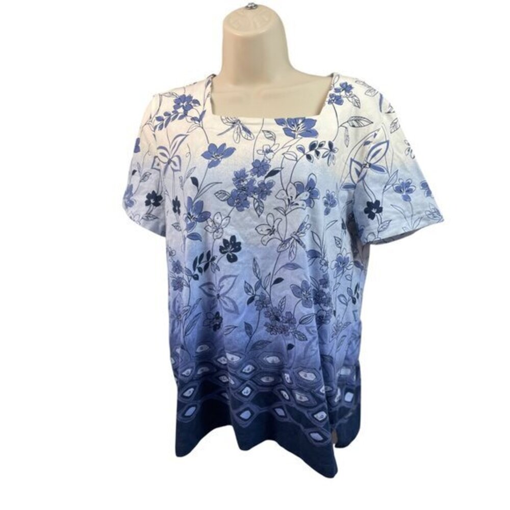 Alfred Dunner Petite Womens Blue & White Floral Print Short Sleeve‎ Top